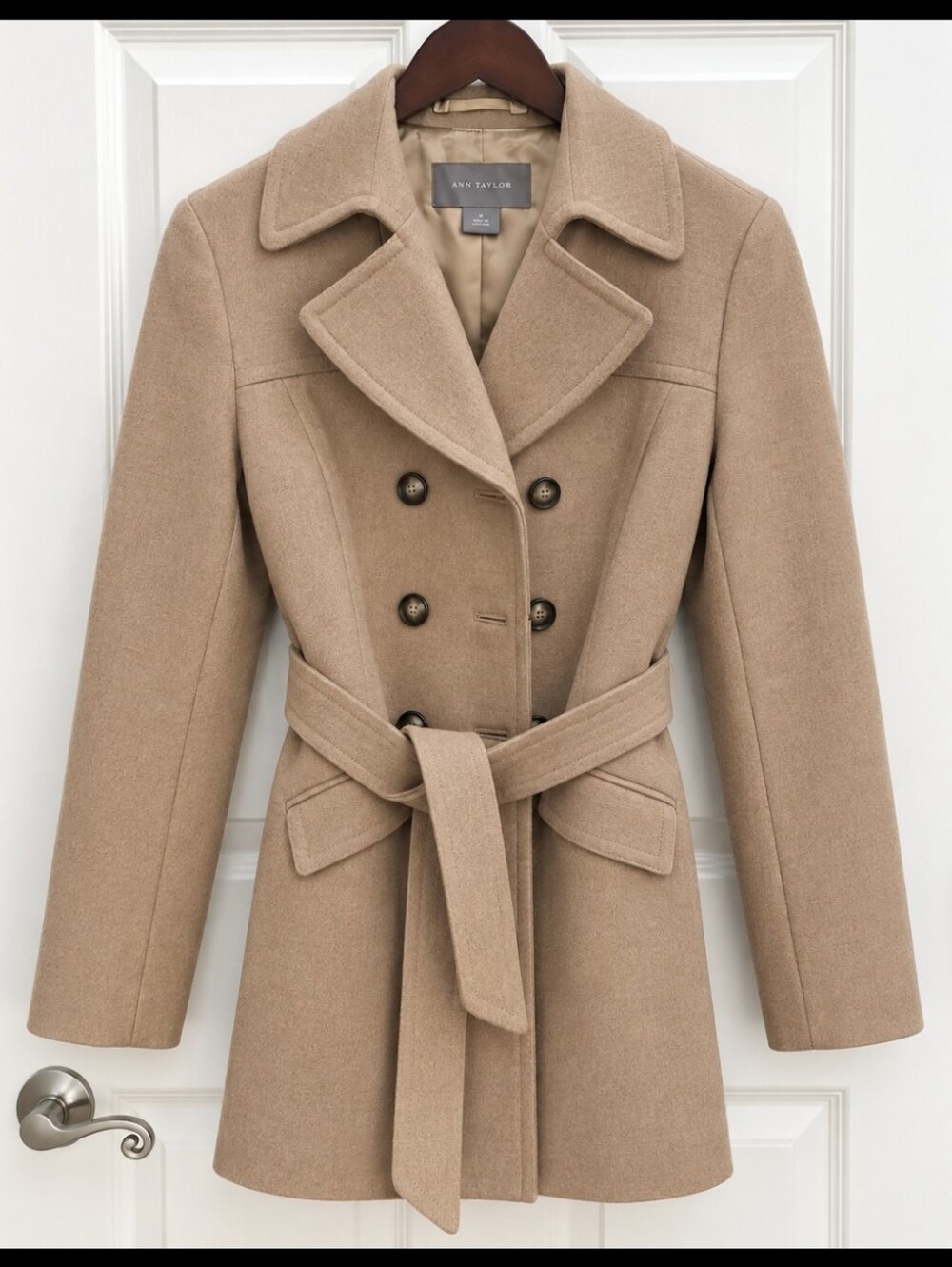 Ann Taylor Camel 100% Wool Double Breasted Trench Coat Sz Sm